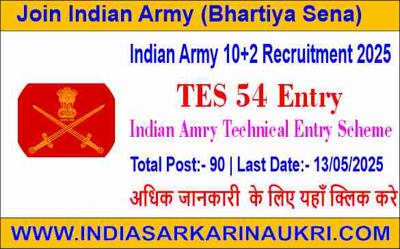 Indian Army 10+2 Recruitment 2025: TES 54 Entry - Apply Online for 90 Posts (January 2026 Batch)– Eligibility, Dates & Details